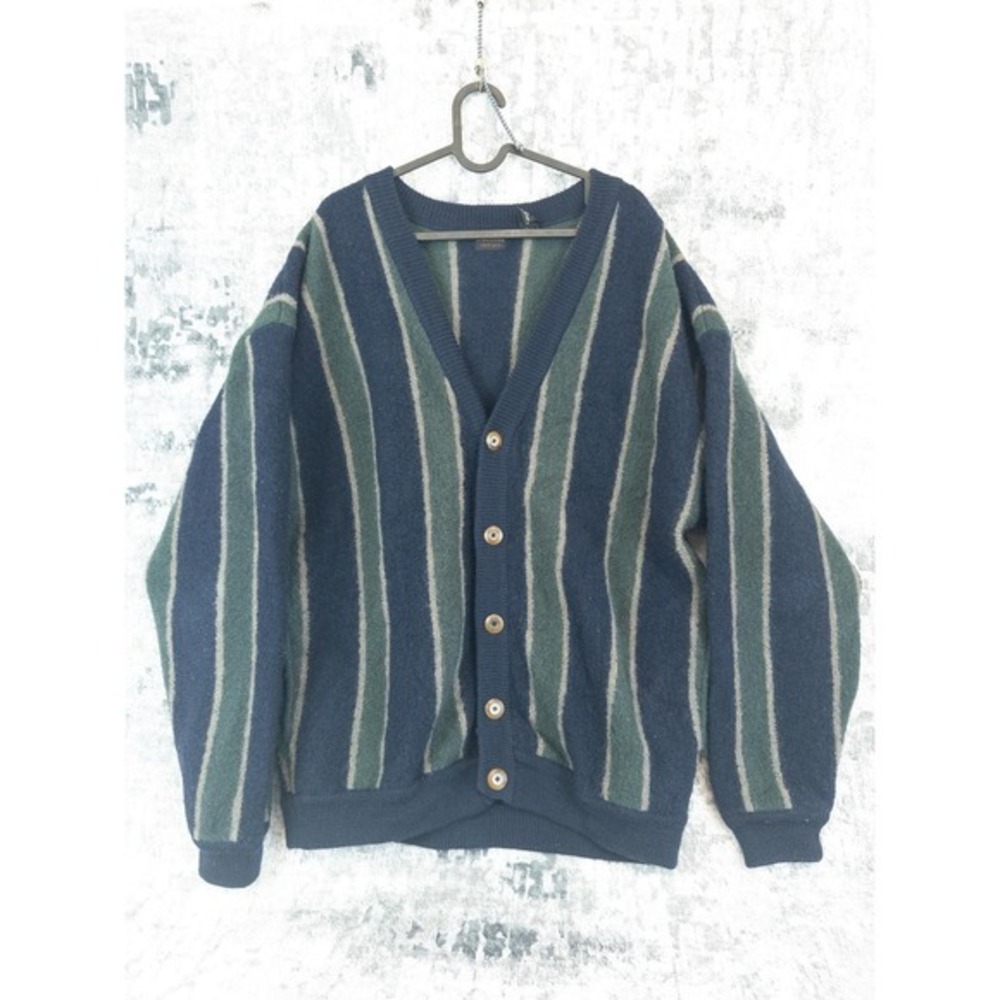 Vtg Structure Men XL 100% Wool Striped Cardigan Navy Green Grandpacore Y2K 90s - Picture 1 of 9